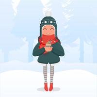 A girl with winter warm clothes and glasses holds a hot drink in her hands. Ready-made square card for a winter theme. Snowy forest. Vector illustration.