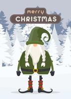 Merry Christmas card with a cute gnome in green clothes on the background of a snowy forest. Winter ready postcard. Vector illustration.