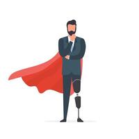 A man with a prosthetic leg in a business suit and a red cloak. Guy with a leg implant. The concept of human recovery through robotization. . vector