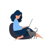 The girl sits on an ottoman and works at a laptop. A woman with a laptop sits on a large pouf. The cat rubs against the girl's leg. Isolated. Vector. vector