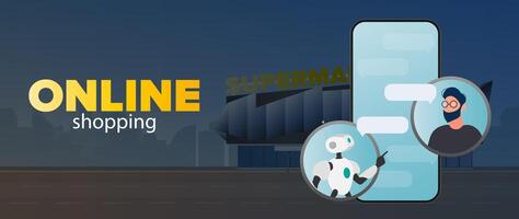 Tickets sale banner. A robot in dialogue with a man. Suitable for apps, sites and topics related to automatic replies and artificial intelligence. . vector