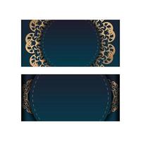 Greeting card template with gradient blue color with vintage gold ornament for your design. vector