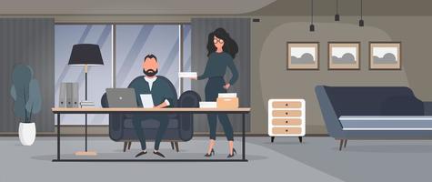 The girl brings the documents to the boss. Businessman working on laptop. Director's workplace. Laptop, documents, books, loft-style table. Vector. vector