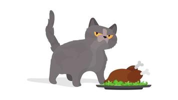 gracioso gato sostiene un pavo asado. un gato con una mirada divertida sostiene un pollo frito. bueno para pegatinas, tarjetas y camisetas. aislado. vector. vector