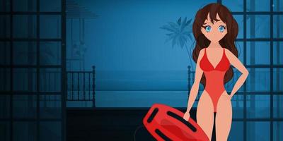 A girl in a red swimsuit holds a life board. Beach lifeguard woman. Vector