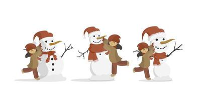 The girl makes a snowman. Snowman, girl in warm winter clothes. Isolated on white background. Cartoon, vector illustration. Set.