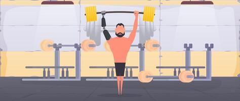 A man is lifting a barbell in a gym vector