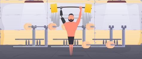 A man with a prosthetic hand raises a barbell. A disabled person is engaged in a sports hall. The concept of human recovery through robotization. Vector. vector