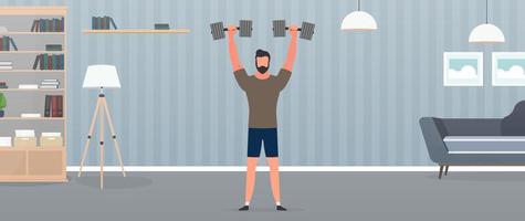 Spotsman with dumbbells. A man lifts dumbbells up. The concept of sport and healthy lifestyle. Vector. vector