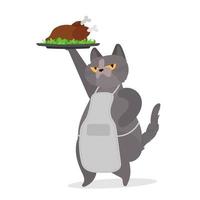 gracioso gato sostiene un pavo asado. un gato con una mirada divertida sostiene un pollo frito. bueno para pegatinas, tarjetas y camisetas. aislado. vector.