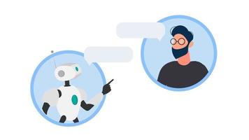 Online shopping banner. A robot in dialogue with a guy. Suitable for apps, sites and topics related to automatic replies and artificial intelligence. Vector. vector