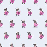 A pattern with a cat holding a pink donut vector