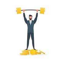 A businessman stands on a mountain of coins and raises the barbell. A man in a suit with a barbell. The concept of a successful business and revenue growth. Isolated. Vector. vector