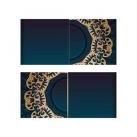 Greeting card template with gradient blue color with vintage gold pattern for your design. vector