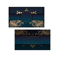 Greeting card template with blue color gradient with greek gold pattern for your brand. vector