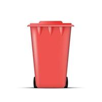 Realistic red trash can. Waste bin with lid and wheels. Eco concept. Vector. vector