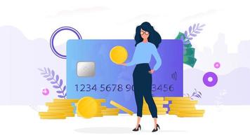 Girls holds a gold coin. Mountain of coins, credit card, dollars. The concept of savings and accumulation of money. Good for presentations and business-related articles. vector