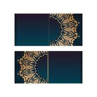 Greeting card template with gradient blue color with Indian gold ornaments prepared for printing. vector