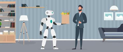 The robot holds a bag with groceries in its hands. Food delivery by robots. Businessman showing thumb up. Future delivery concept. Online shopping. Vector. vector