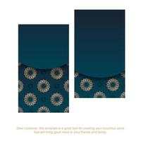 Blue gradient business card with vintage gold pattern for your brand. vector