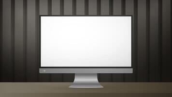 A monitor with a white screen sits on a table. Striped brown realistic poster Background with metal or glossy wood. Realistic . vector