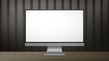 A monitor with a white screen sits on a table. Striped brown realistic poster Background with metal or glossy wood. Realistic vector. vector