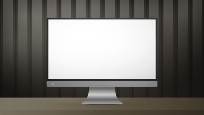 A monitor with a white screen sits on a table. Striped brown realistic poster Background with metal or glossy wood. Realistic .