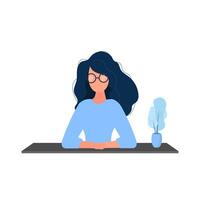 The girl sits at the table with folded arms. Woman with glasses at the table close-up. Isolated. Vector. vector