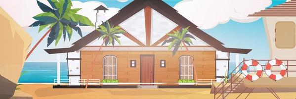 A hotel on a blue, clean and calm sea. Villa on a sandy beach with palm trees. Vector illustration. Cartoon style.