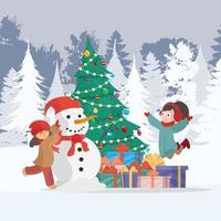 Children make a snowman in a snowy forest. Snowman, girl in warm winter clothes. Cartoon, vector illustration.