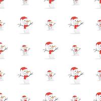 Seamless pattern with a snowman in a red hat and scarf. Suitable for postcards, backgrounds and posters. Vector illustration.