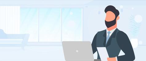 A man in a suit is sitting at a desk with a laptop vector
