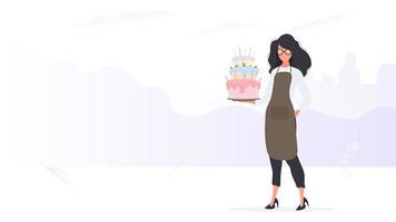 Girl cook holds a birthday cake. Girl holds a pie. Good for birthday articles and banners. Vector. vector