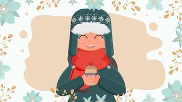 Ready card with flowers. A girl in warm winter clothes holds a cup with a hot drink in her hands. Vector illustration.