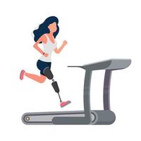 A girl with a prosthetic leg runs on a treadmill. Vector. vector