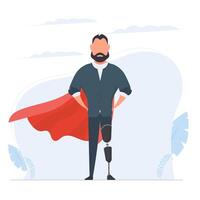 A man with a prosthetic leg in a business suit and a red cloak. Guy with a leg implant. The concept of human recovery through robotization. . vector
