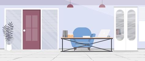A room with a desk and chair in front of a door vector