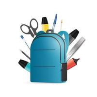 Backpack in 3d. School backpack with office supplies. School supplies, pen, pencil, marker, ruler, scissors, paper clip. Good for a back to school topic. Isolated. Vector. vector