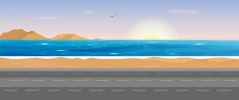 Sea view. Rescue tower on the beach. Tourist trip. Scene of the road to the sea. Vector illustration.