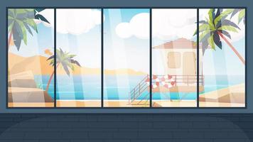 A room with a large panoramic window overlooking the sea. Cartoon style vector
