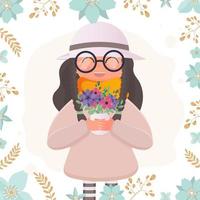 A cute girl in a hat and glasses holds flowers in her hands. Suitable for the design of postcards and books. Vector illustration.