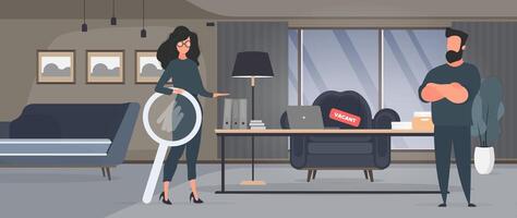 The girl shows in an empty space. Gold office chair. Open work concept. Suitable for registration on the topic of job search and workers. Vector. vector