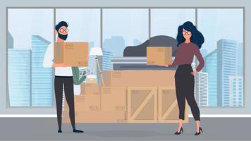 The guy and the girl are holding paper boxes in their hands. Large boxes, sofa. The concept of moving, changing housing, buying an apartment or moving an office. Vector. vector