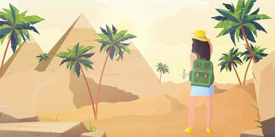 The girl looks at the Egyptian pyramids. Sahara desert in cartoon style. Vector illustration.