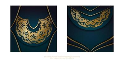 Brochure template with gradient blue color with vintage gold ornament for your design. vector