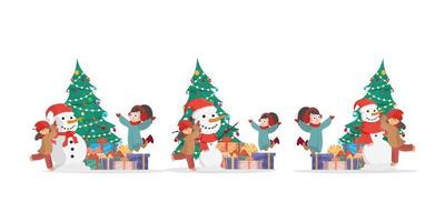 Children sculpting a snowman on the background of a Christmas tree and gifts. Snowman, girl in warm winter clothes. Isolated on white background. Cartoon, vector illustration. Set.