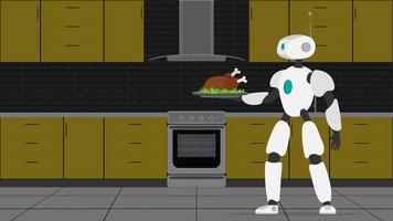 The robot is holding a metal tray with fried meat. Robot waiter. The concept of future cafe workers. Vector.