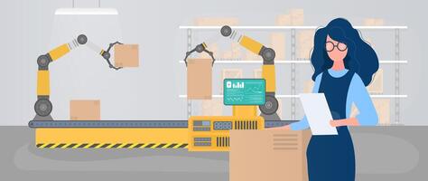 A woman is holding a box in front of a robot vector