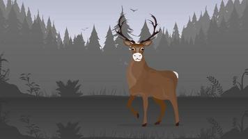 A beautiful large deer stands in the forest. Silhouettes of trees. Good for backgrounds and postcards. Vector. vector