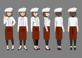 personaje de dibujos animados con chef mujer profesional en uniforme para animación. Carácter de vista frontal, lateral, posterior, 3-4. ilustración vectorial plana vector